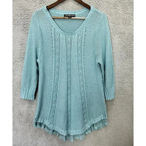 United States sweaters XL tunic‎ blue pullover lace trim fisherman cable knit